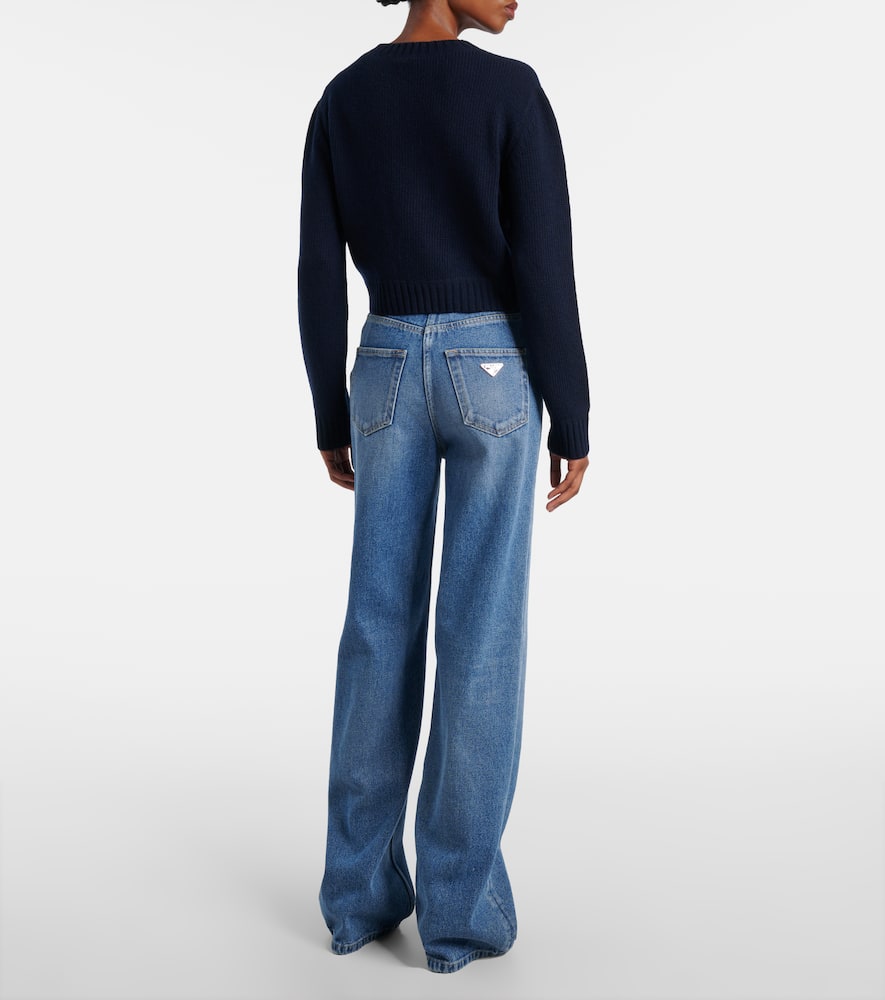 Prada Womens Blue Logo-text Round-neck Wool-cashmere Knitted Sweater In Black
