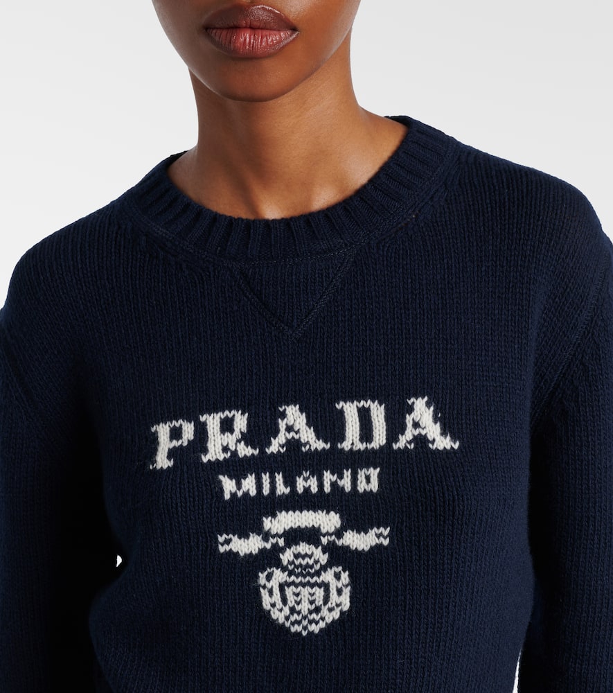 Prada Womens Blue Logo-text Round-neck Wool-cashmere Knitted Sweater In Black