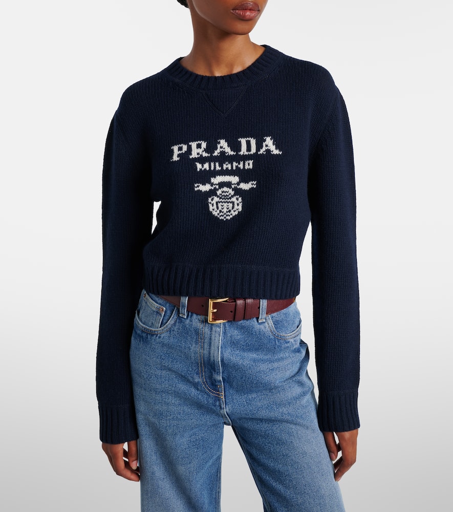 Prada Womens Blue Logo-text Round-neck Wool-cashmere Knitted Sweater In Black