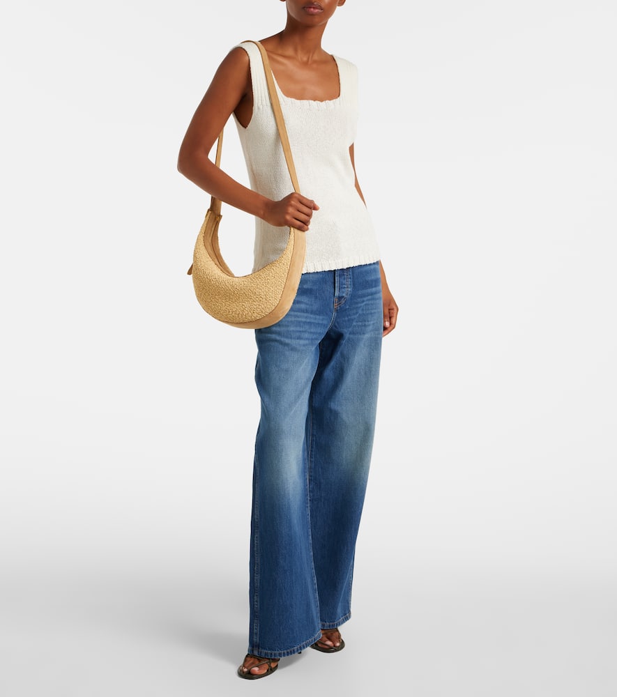 Khaite Augustina Small Raffia And Suede Crossbody Bag In Sand