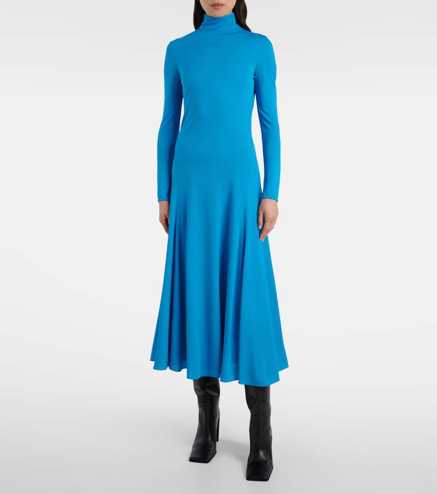 Alaïa Open-back Jersey Turtleneck Midi Dress In Blue