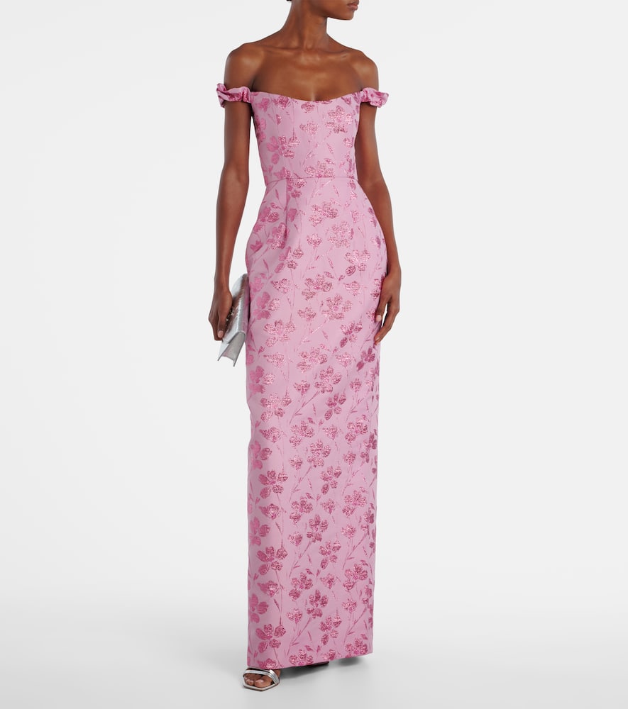 Markarian Yolanda Floral Off-shoulder Brocade Gown In Pink