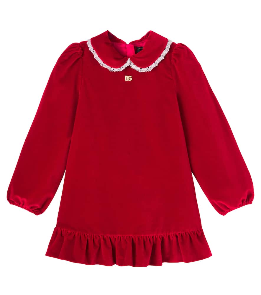 Dolce & Gabbana Dg Lace-trimmed Cotton Velvet Dress In Red