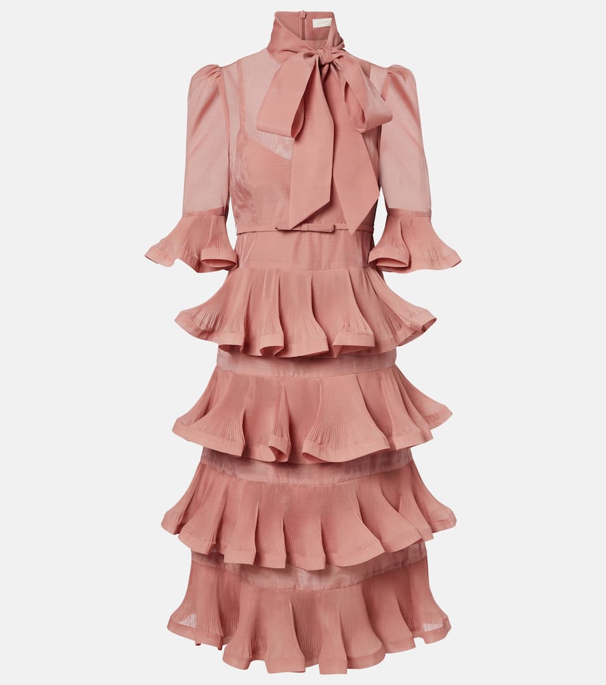 Zimmermann Tiered Pleated Midi Dress In Pink