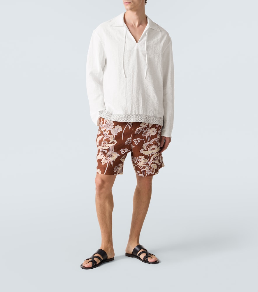 Crochet-Trimmed Tie-Neck Linen-Blend Shirt