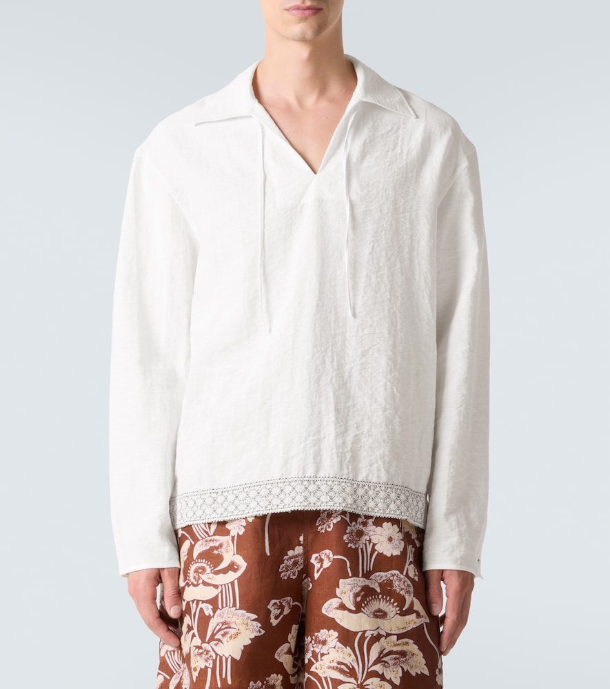 Crochet-Trimmed Tie-Neck Linen-Blend Shirt