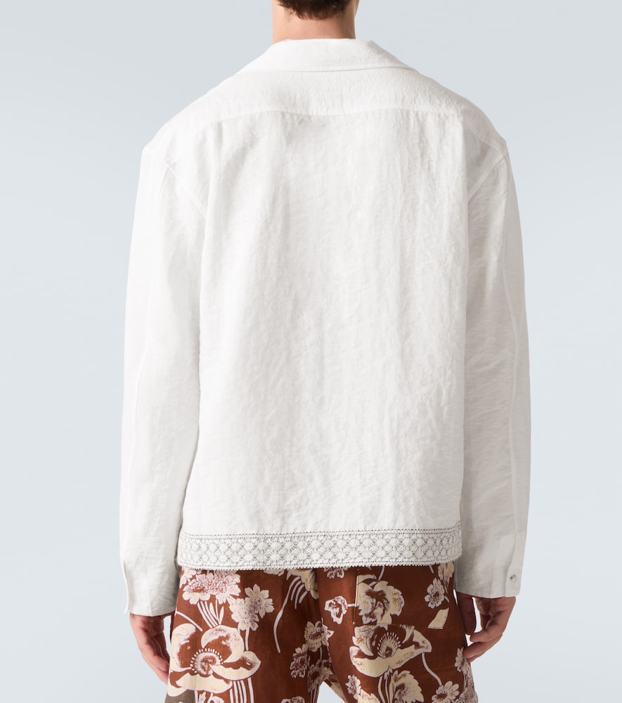Crochet-Trimmed Tie-Neck Linen-Blend Shirt
