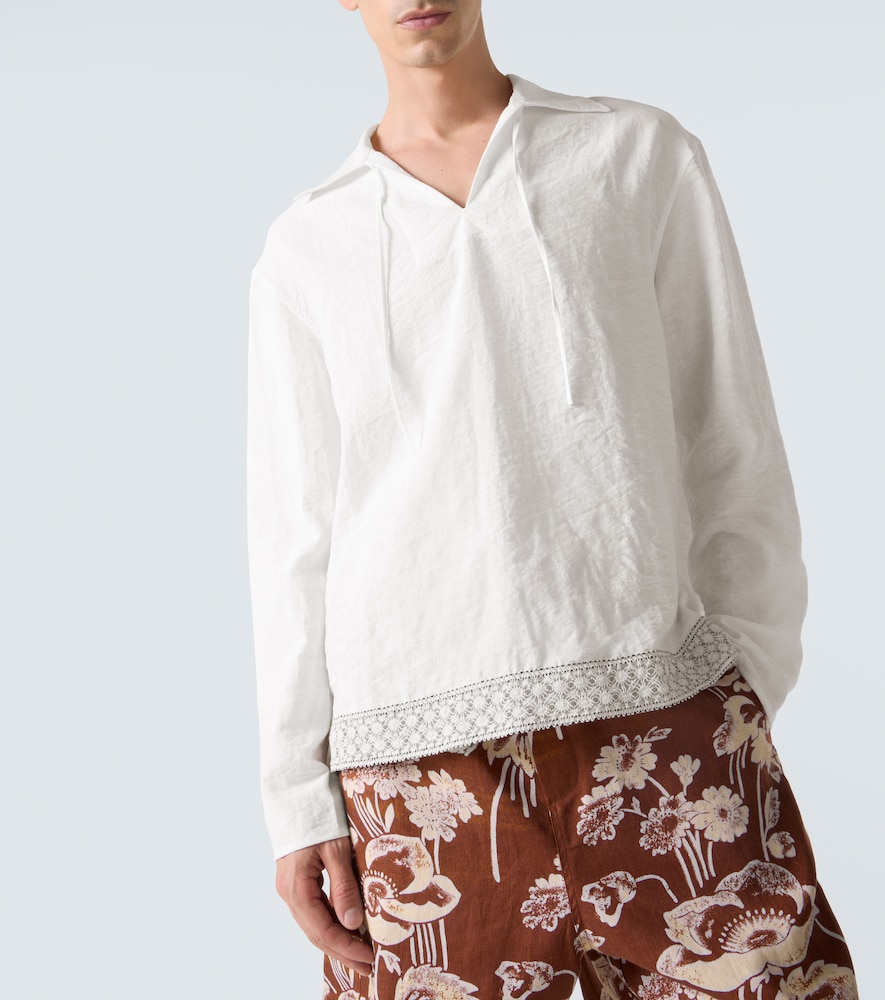Crochet-Trimmed Tie-Neck Linen-Blend Shirt