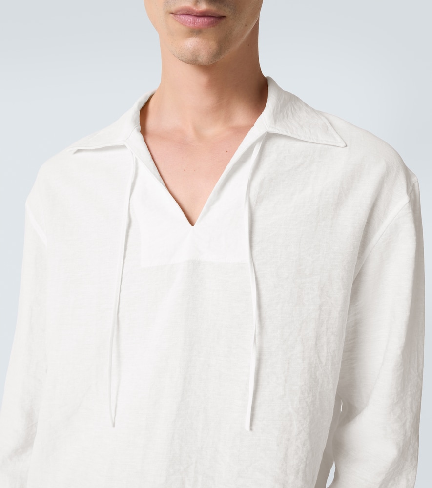 Crochet-Trimmed Tie-Neck Linen-Blend Shirt