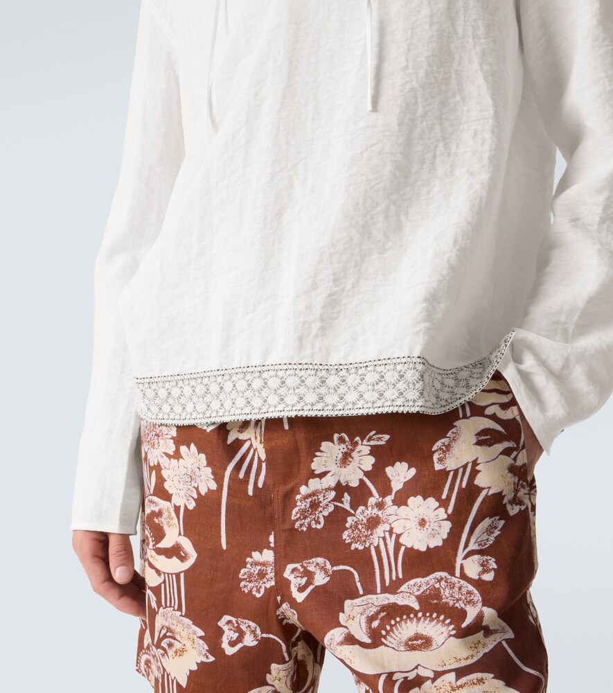 Crochet-Trimmed Tie-Neck Linen-Blend Shirt