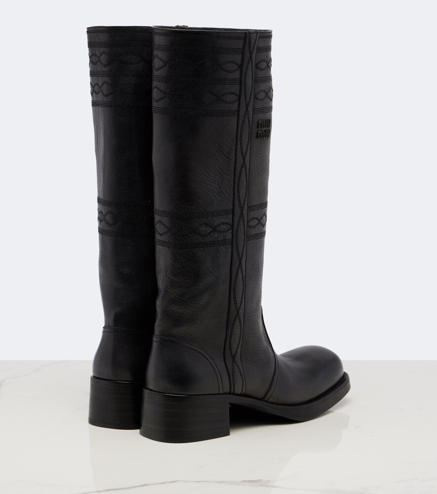 Embroidered Leather Knee-High Boots