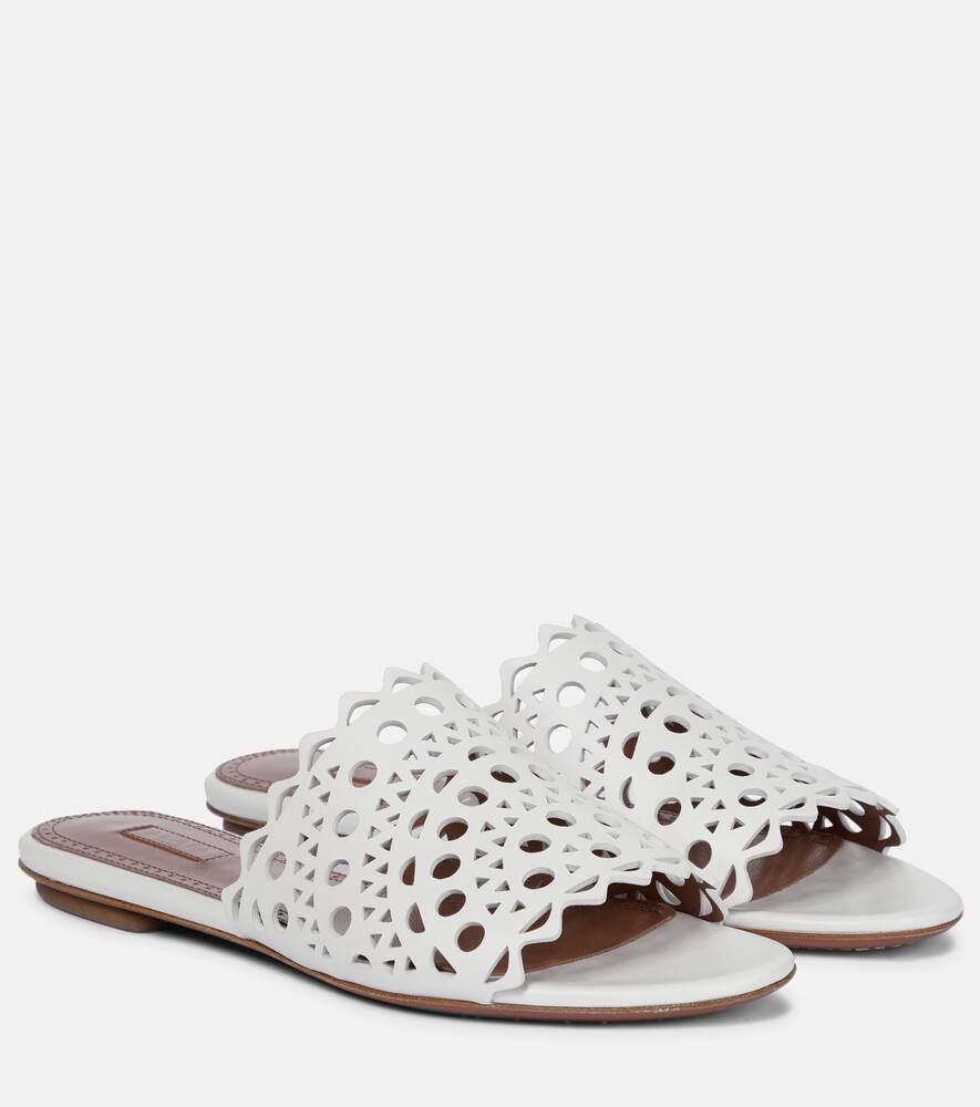 Alaïa Laser Cut Leather Slide Sandals In White