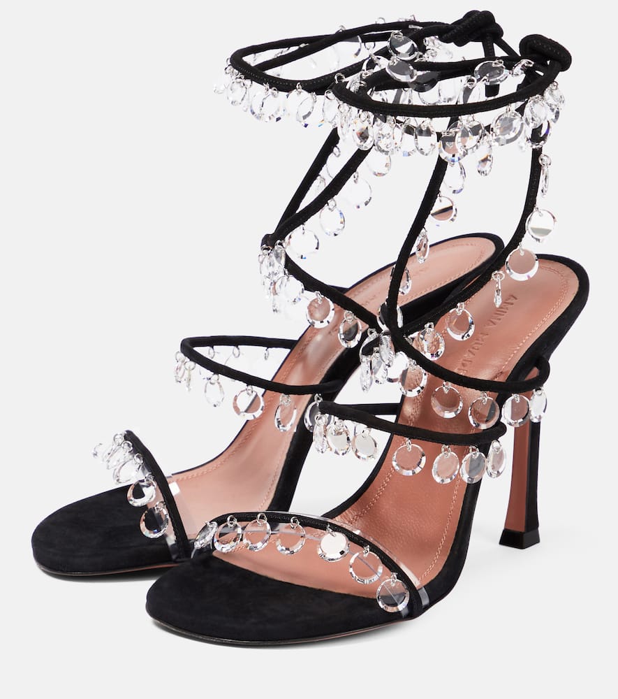 Amina Muaddi Tina Embellished Leather Sandals In Black
