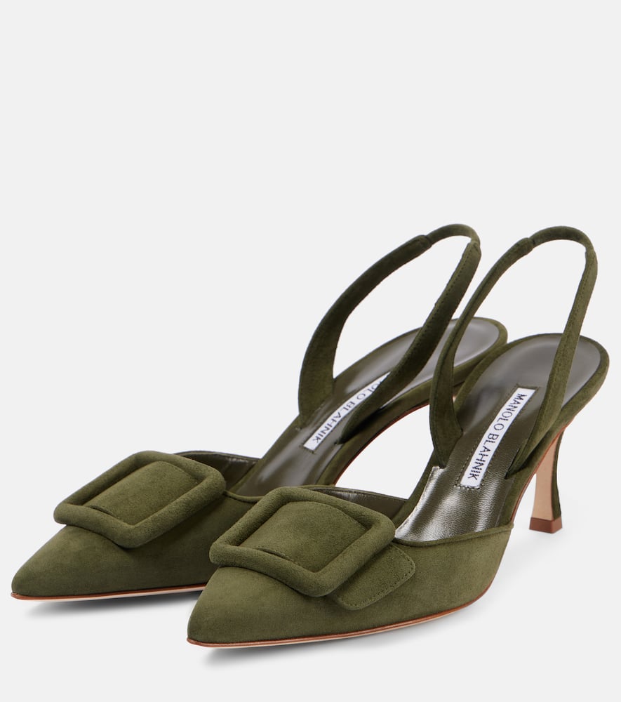 Manolo Blahnik Maysli Suede Bow Slingback Pumps In Green