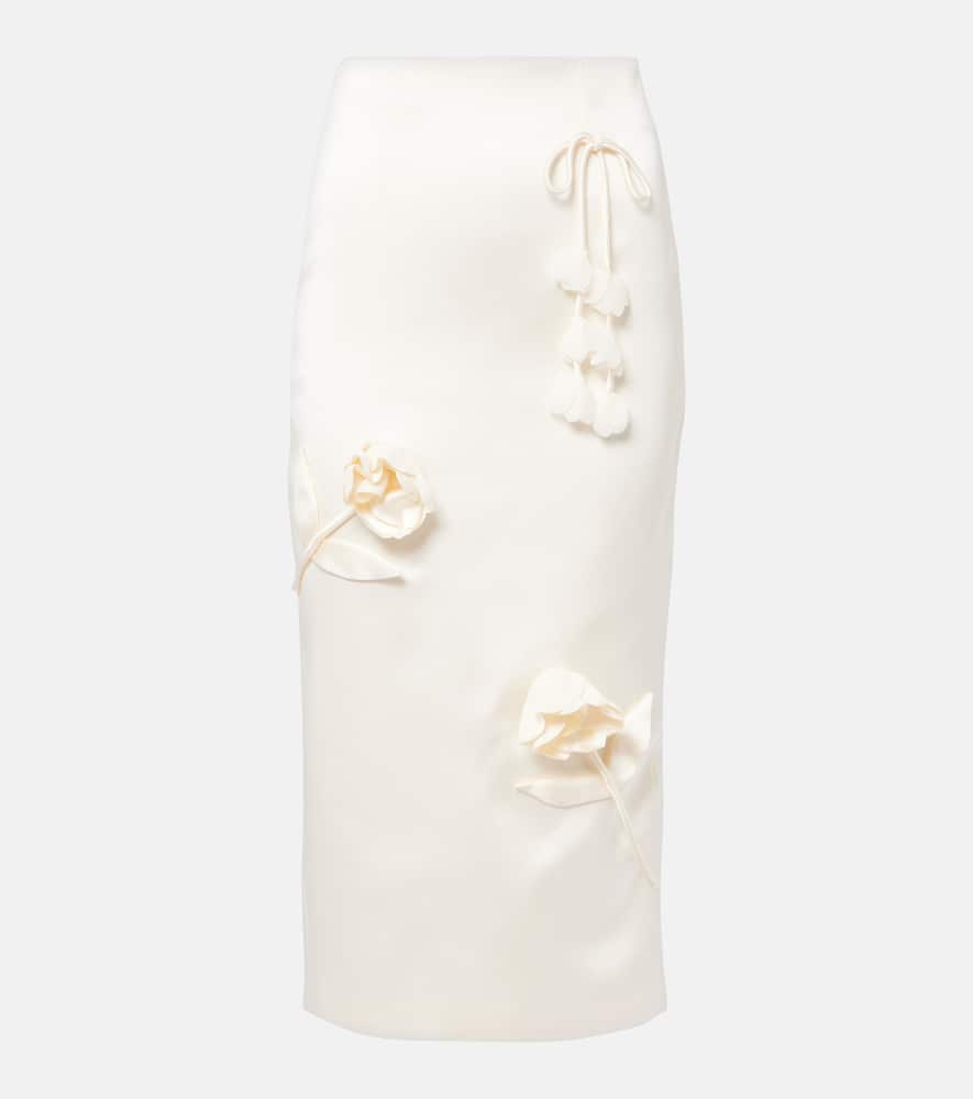 Floral-appliqué satin midi skirt