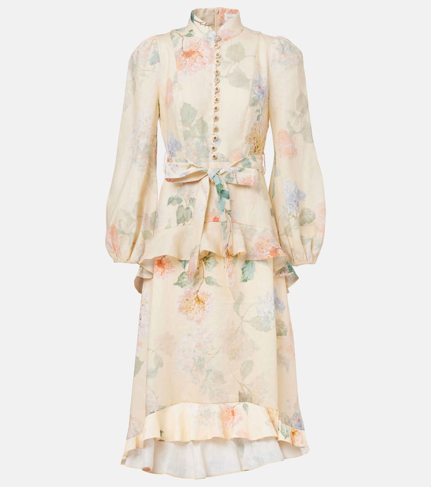 Zimmermann Floral Print Belted Linen Midi Dress In Lemon Hydrangea