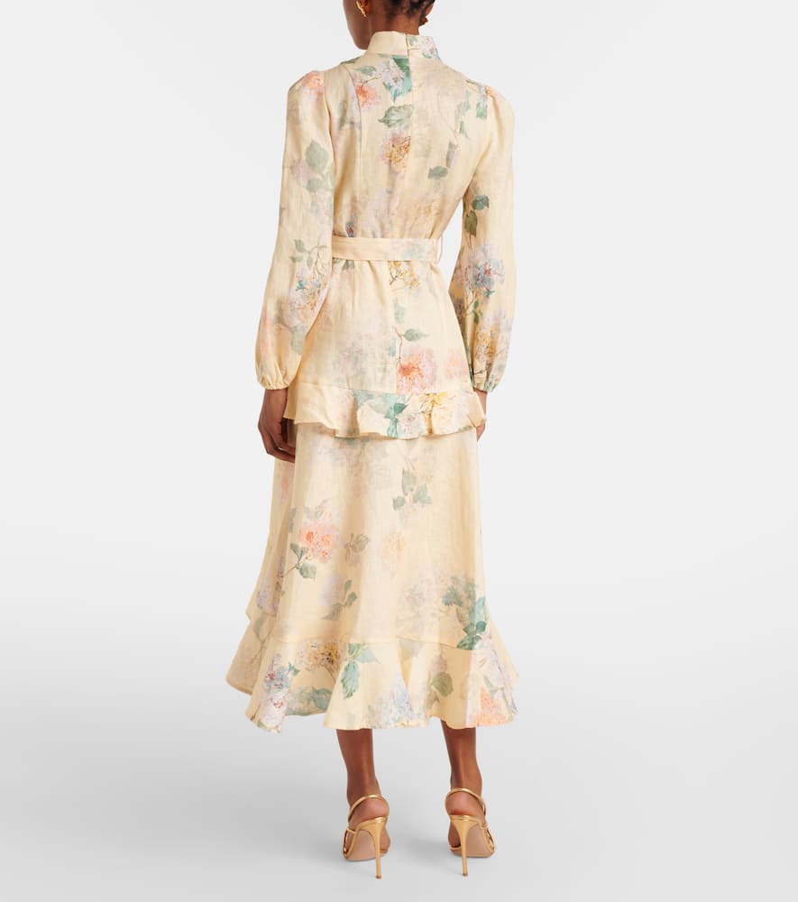 Zimmermann Floral Print Belted Linen Midi Dress In Lemon Hydrangea