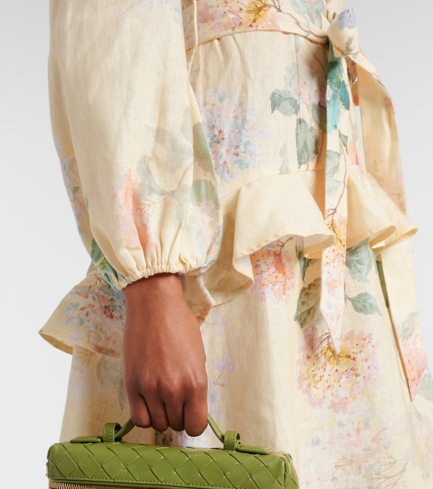 Zimmermann Floral Print Belted Linen Midi Dress In Lemon Hydrangea