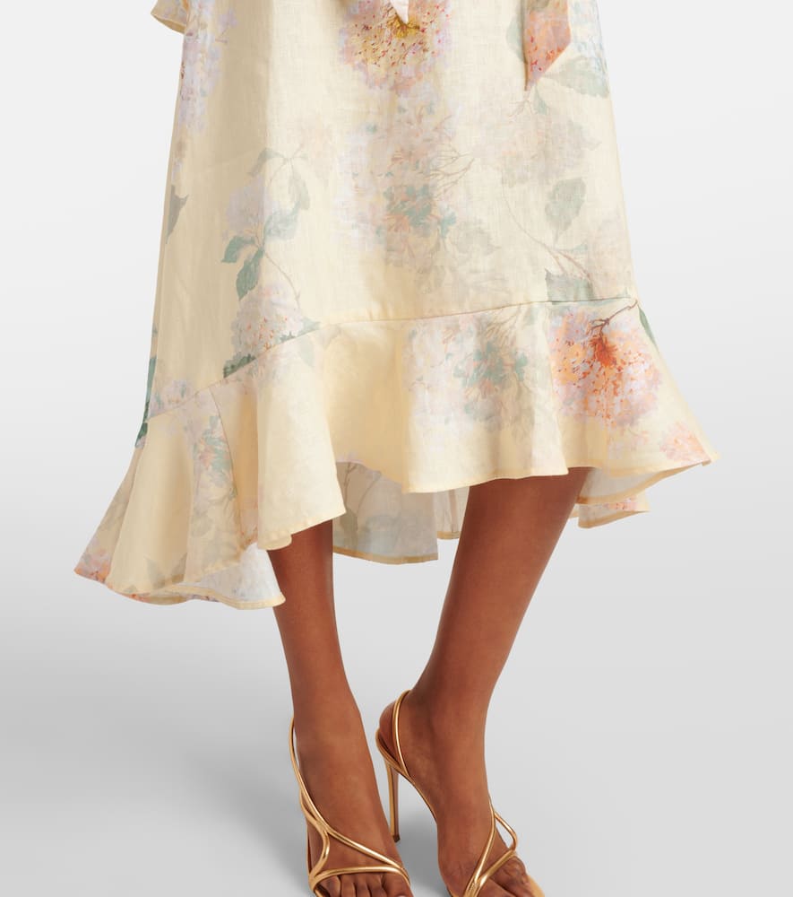 Zimmermann Floral Print Belted Linen Midi Dress In Lemon Hydrangea