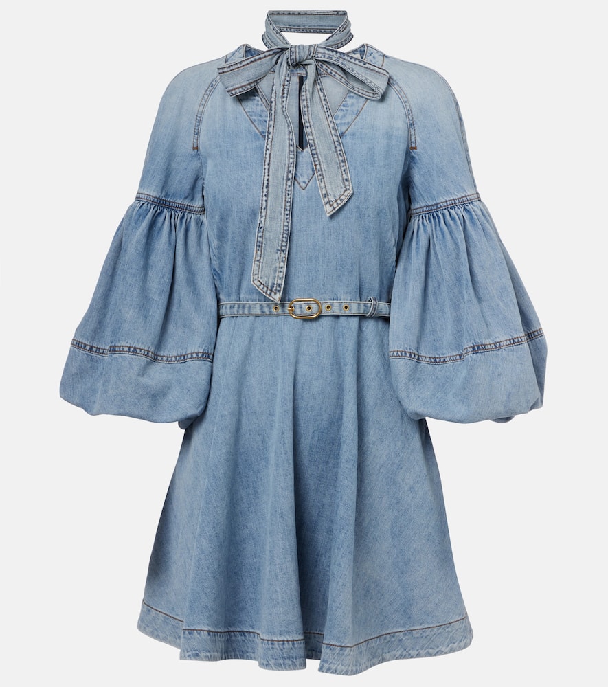 Tie-neck puff-sleeve denim minidress