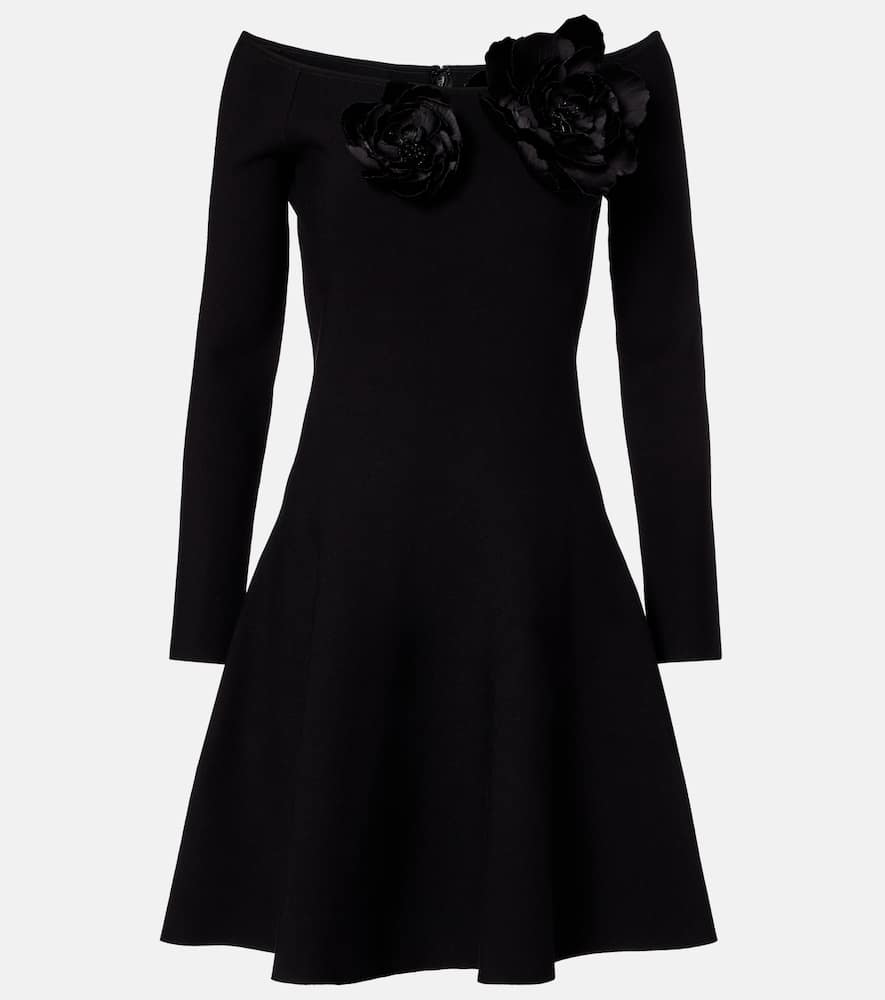 Oscar De La Renta Floral-appliqué Off-shoulder Minidress In Black