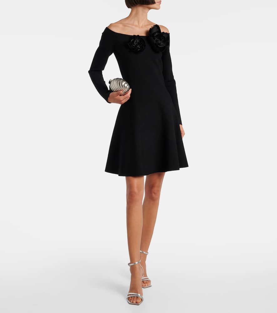 Oscar De La Renta Floral-appliqué Off-shoulder Minidress In Black