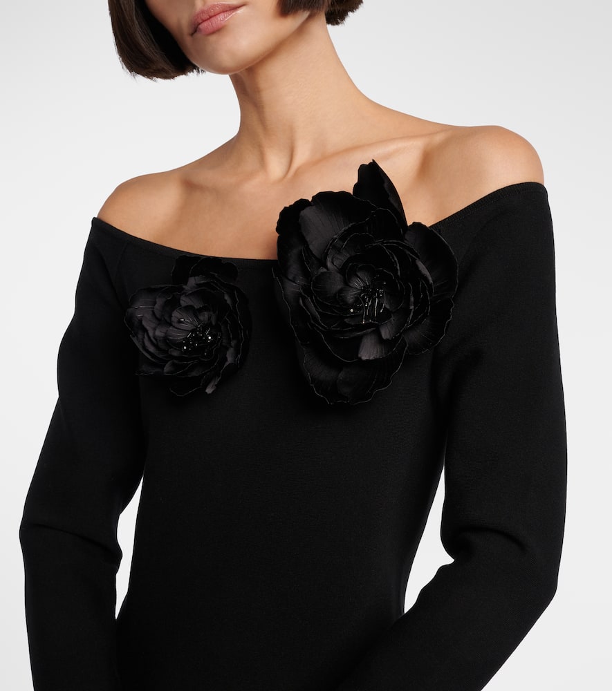 Oscar De La Renta Floral-appliqué Off-shoulder Minidress In Black