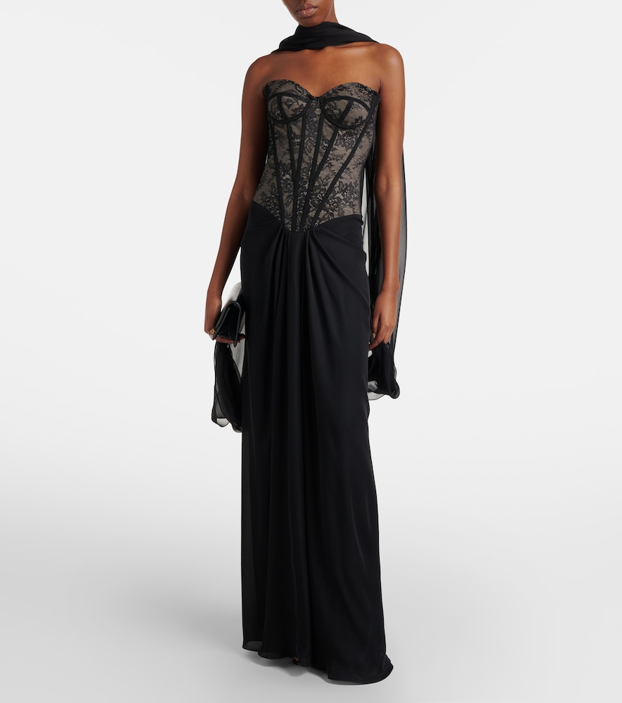 Monique Lhuillier Scarf-detail draped lace gown
