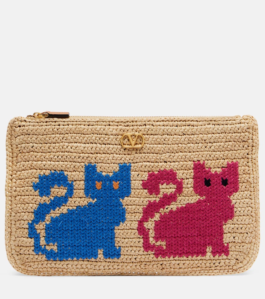 Valentino Garavani Vlogo Raffia Pouch In Sand