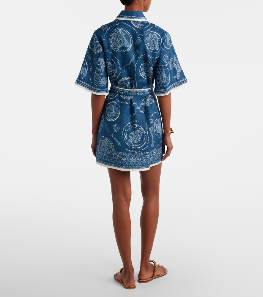 Alémais Lucky Belted Printed Linen Shirt Dress