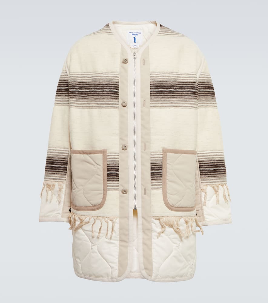 Junya Watanabe Fringe-trimmed Striped Jacket In Natural/brn X Ofwh