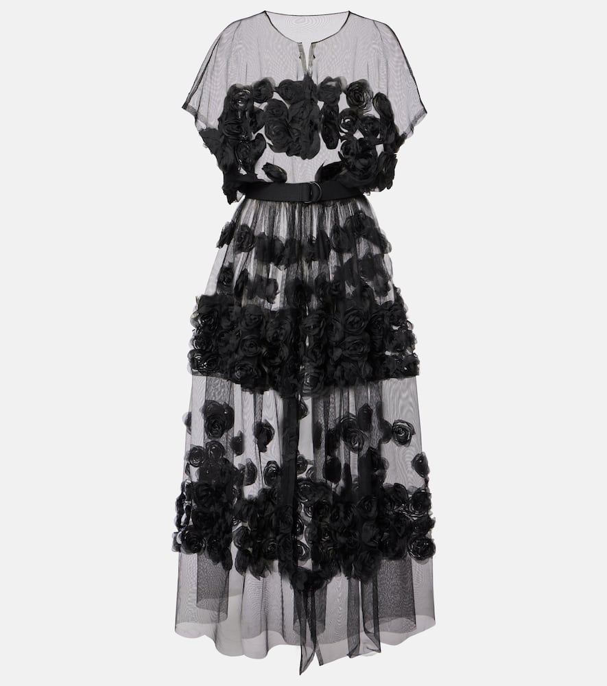 Floral-appliqué tulle midi dress