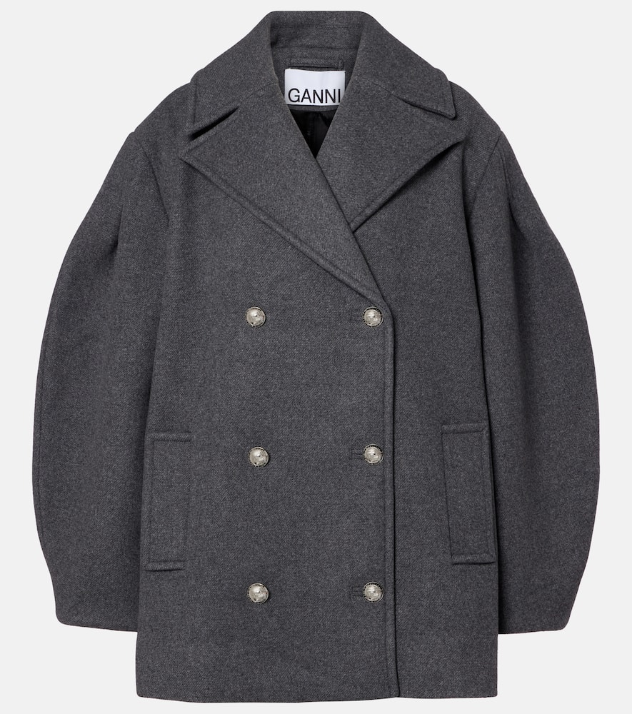 Ganni Double-breasted Oversized Coat Featuring Pockets In Gray