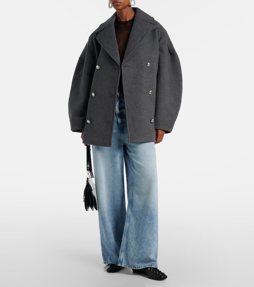 Ganni Double-breasted Oversized Coat Featuring Pockets In Gray