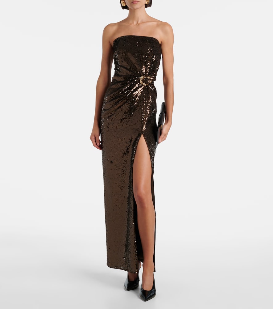 Roland Mouret Gathered Sequined Strapless Gown In Burgundy