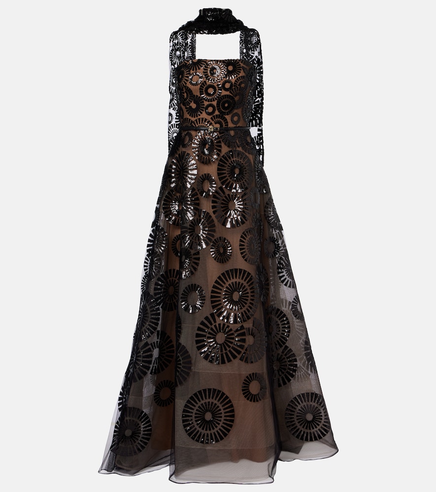 Elie Saab Scarf-detail sequined tulle gown