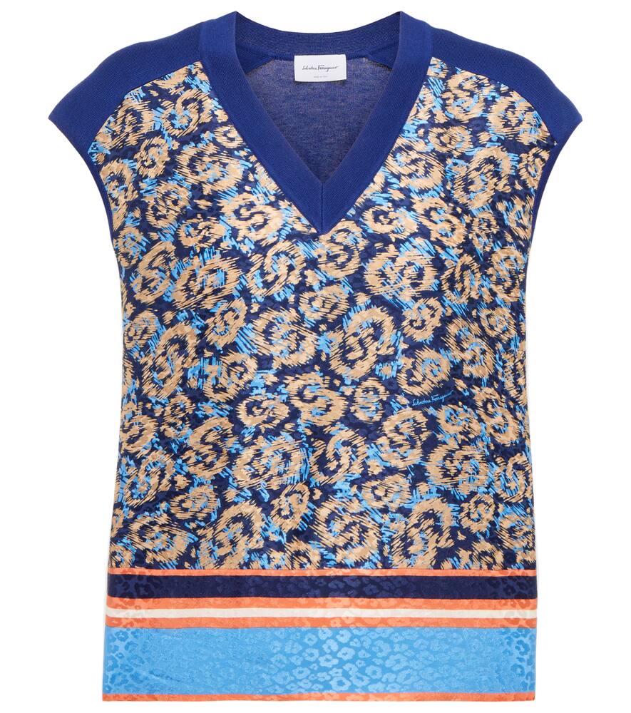 Ferragamo Silk-paneled cotton knit top