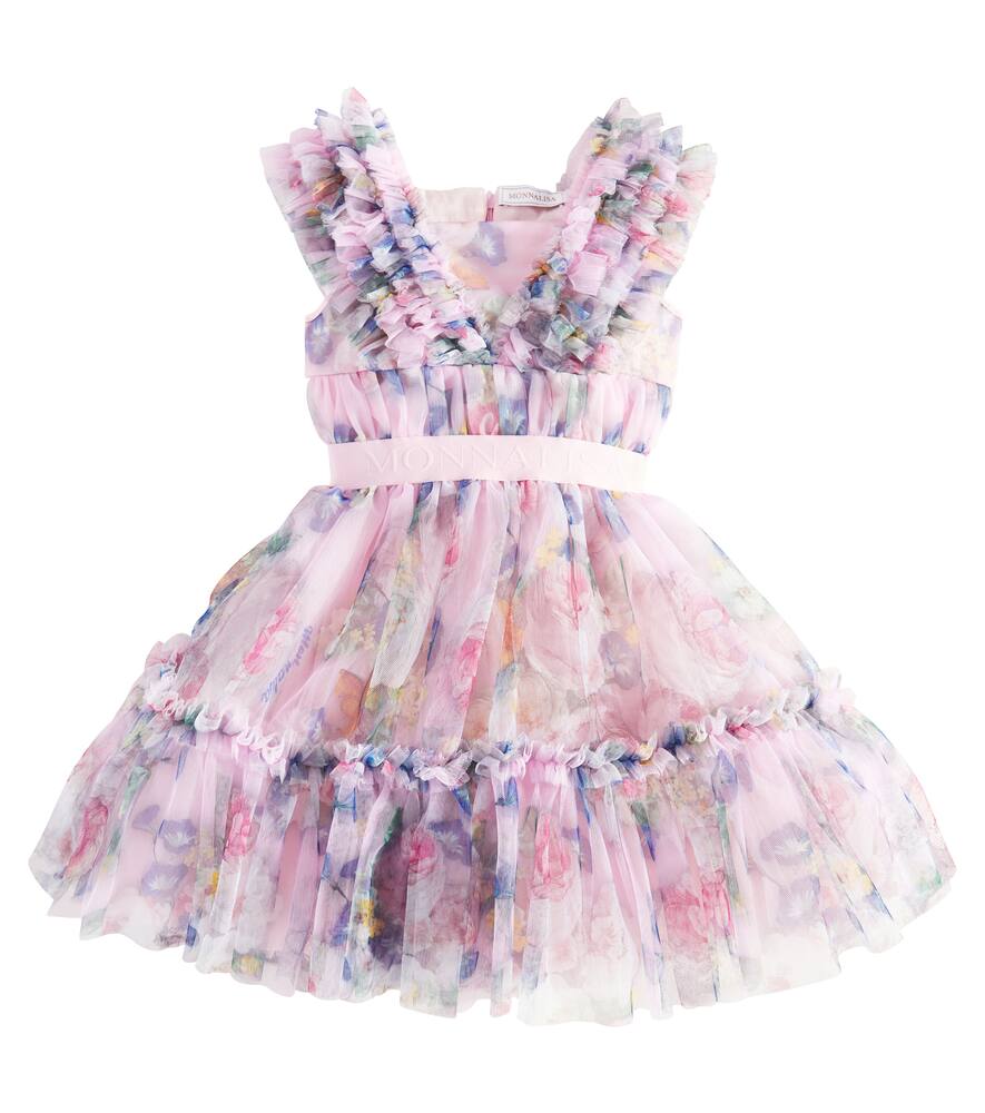 Monnalisa Baroque ruffled floral tulle dress