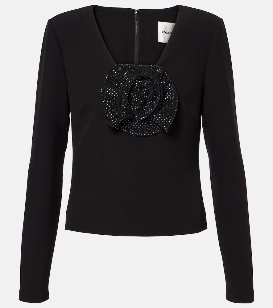 Floral-appliqué embellished crêpe top