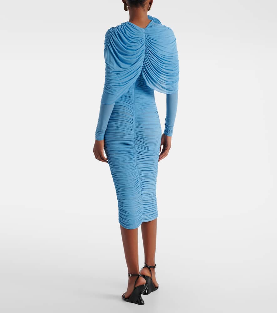 Magda Butrym Floral-appliqué Ruched Caped Midi Dress In Blue