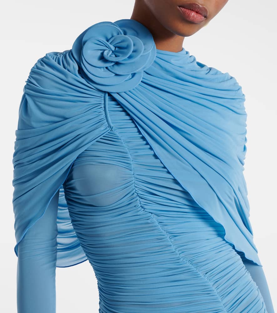 Magda Butrym Floral-appliqué Ruched Caped Midi Dress In Blue