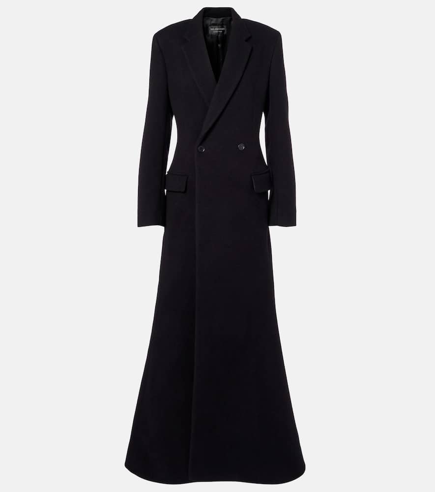 Balenciaga Double-breasted Long Wool Blend Coat With Flared Hem In Black