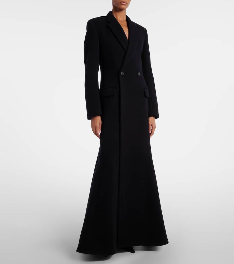 Balenciaga Double-breasted Long Wool Blend Coat With Flared Hem In Black