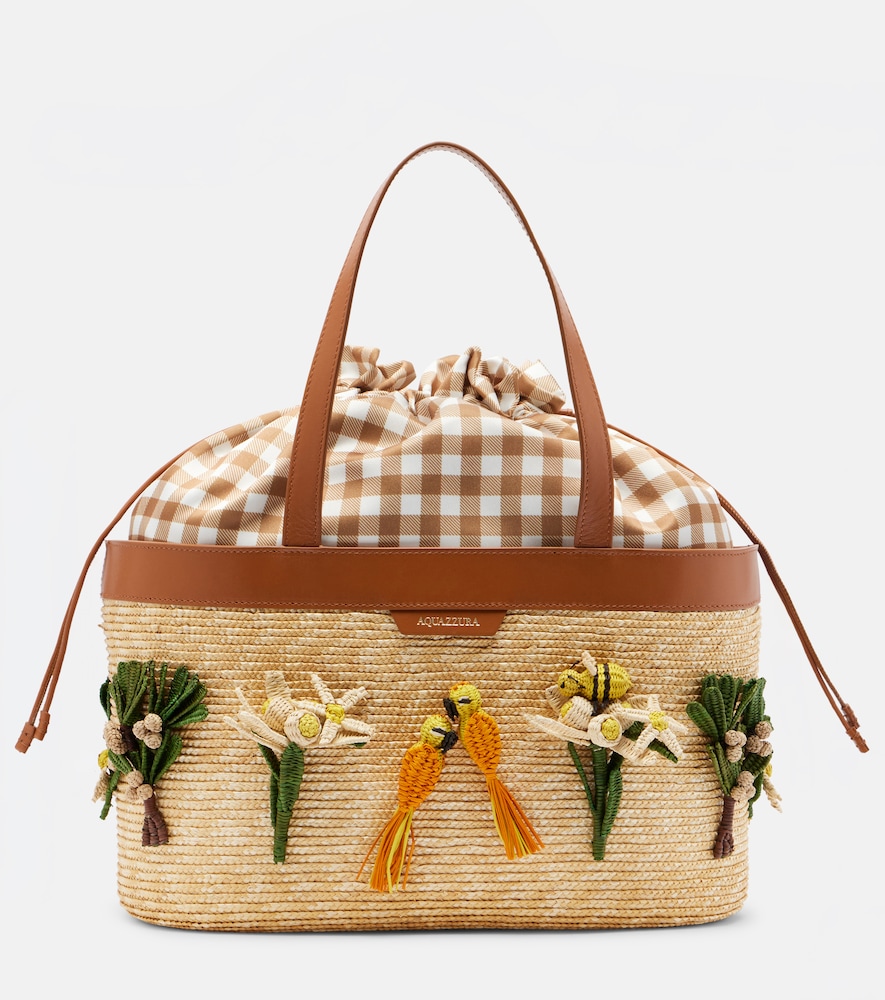 Birdsong Appliqué Raffia Tote Bag
