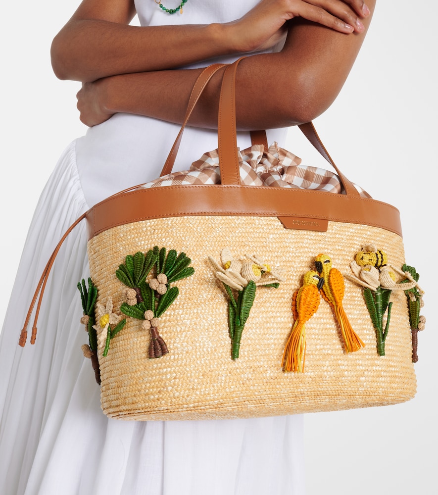 Birdsong Appliqué Raffia Tote Bag