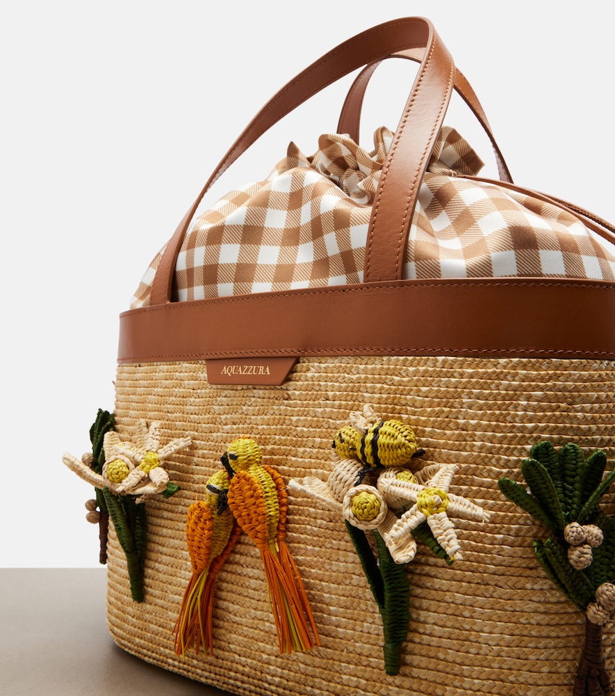 Birdsong Appliqué Raffia Tote Bag