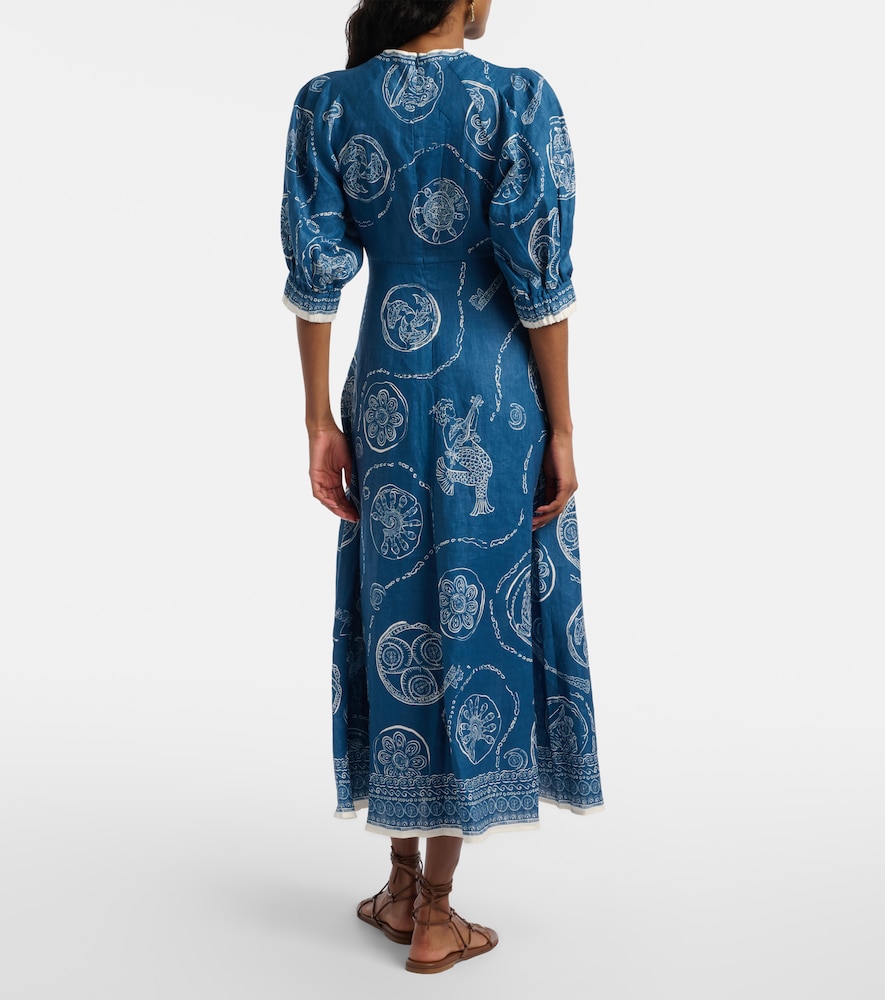 Alémais Lucky Printed Linen Midi Dress