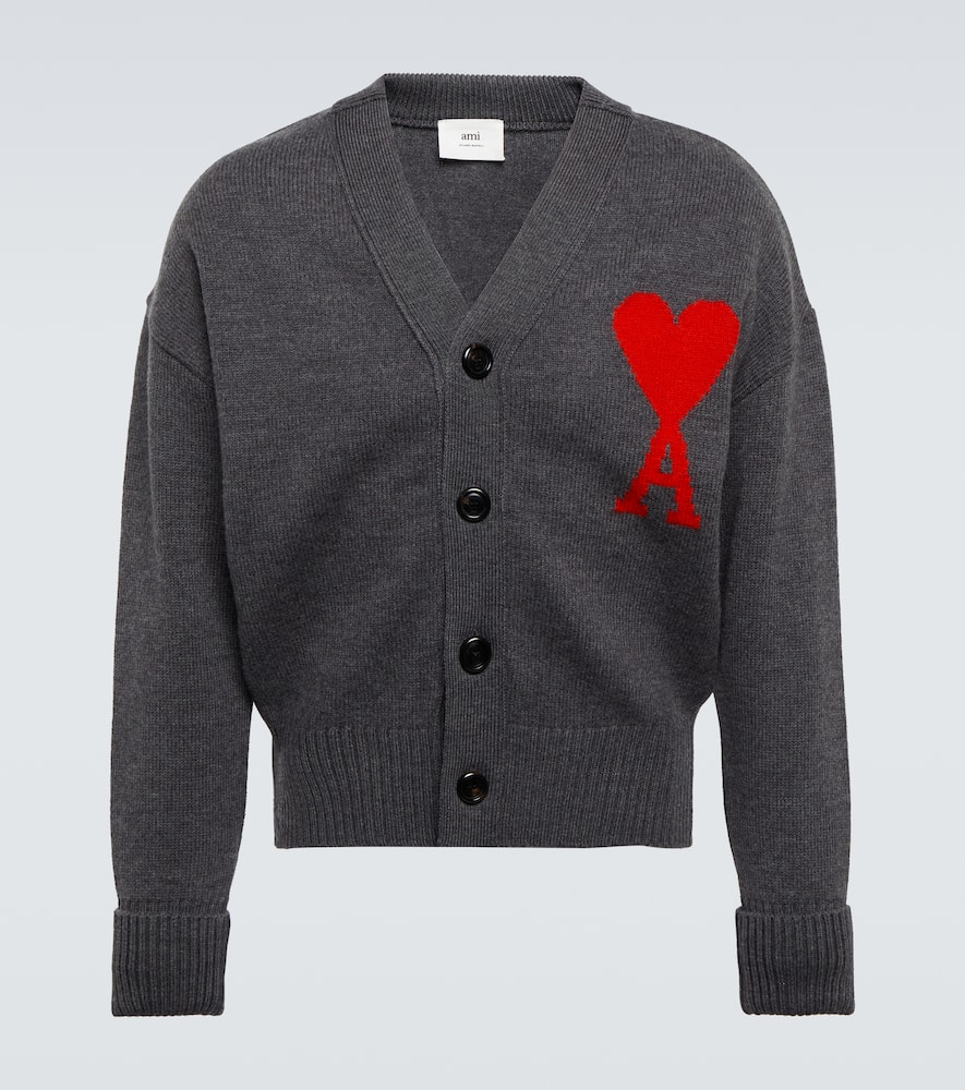 Ami Alexandre Mattiussi Heather Grey Wool Cardigan With Embroidered Logo In Gray