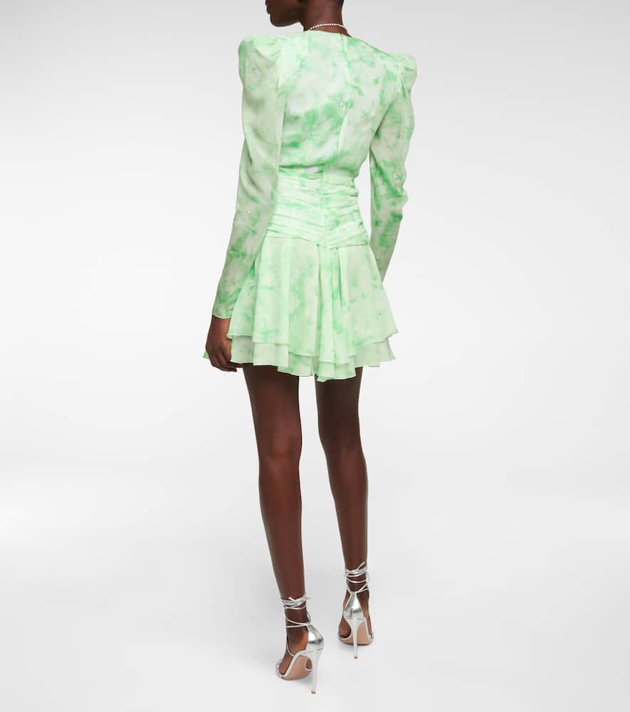Alessandra Rich Gathered Crystal-embellished Printed Silk-georgette Mini Dress In Neon Green