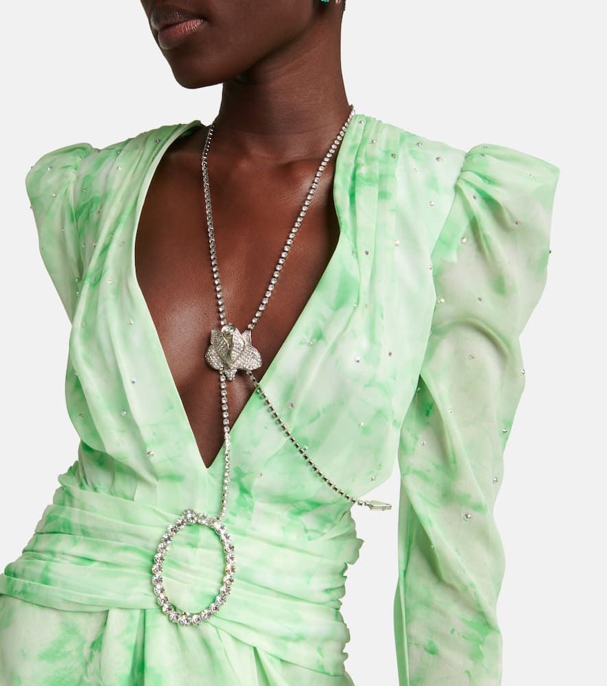 Alessandra Rich Gathered Crystal-embellished Printed Silk-georgette Mini Dress In Neon Green